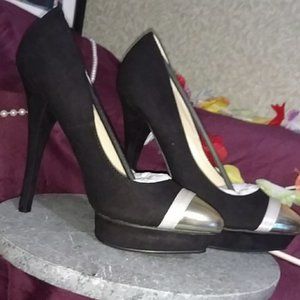 JustFab ELECTRA Black Silver Toe Heels 10